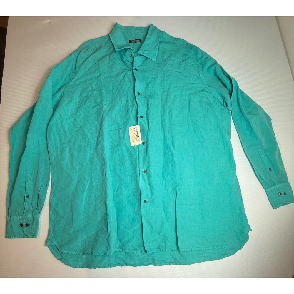 Saks Fifth Avenue‎ Menswear XXL Teal Blue Linen Cotton Long Sleeve Shirt